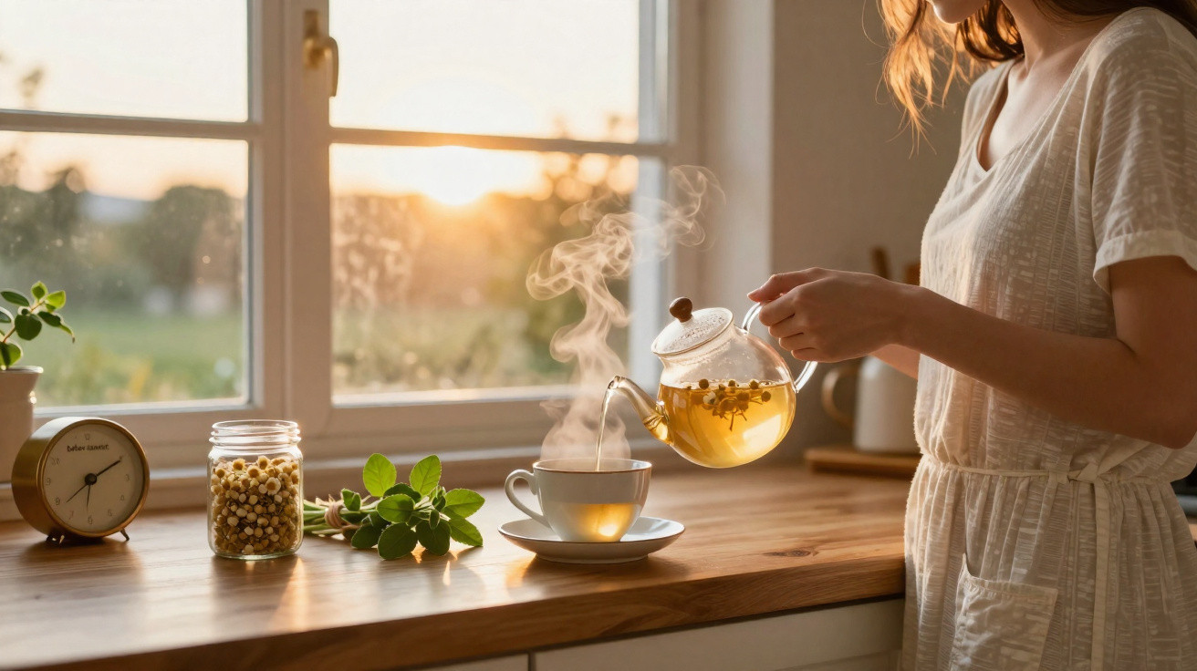 Mulher a servir chá numa chávena numa cozinha com luz natural ao pôr do sol.