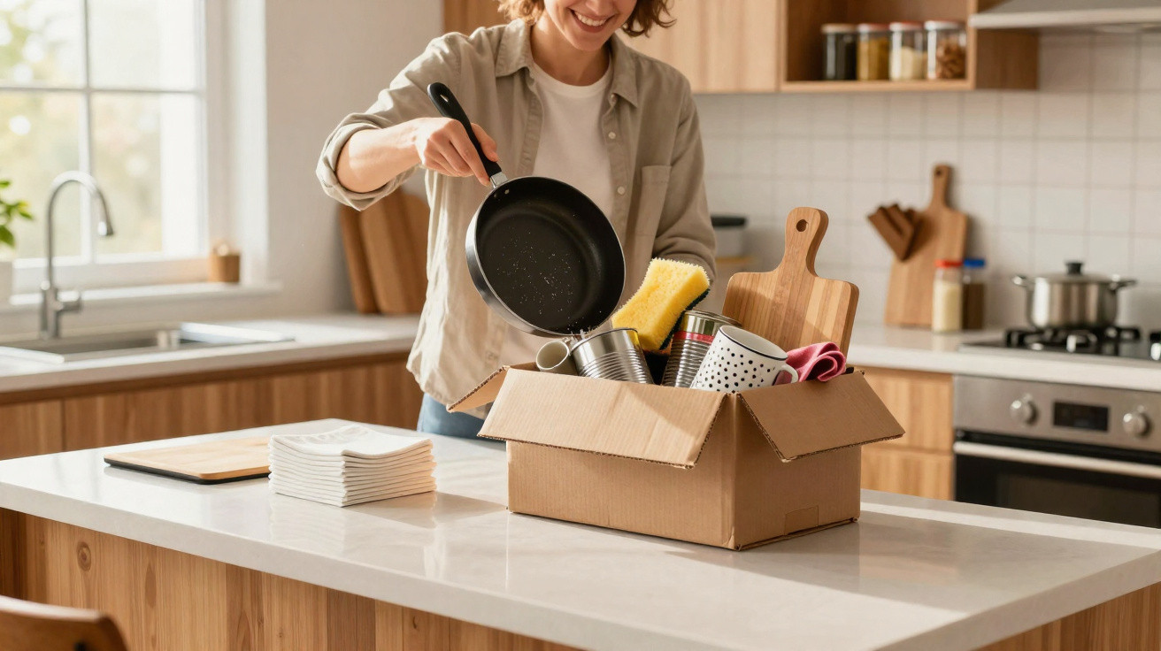 Pessoa a guardar utensílios de cozinha numa caixa de cartão numa bancada branca numa cozinha moderna.