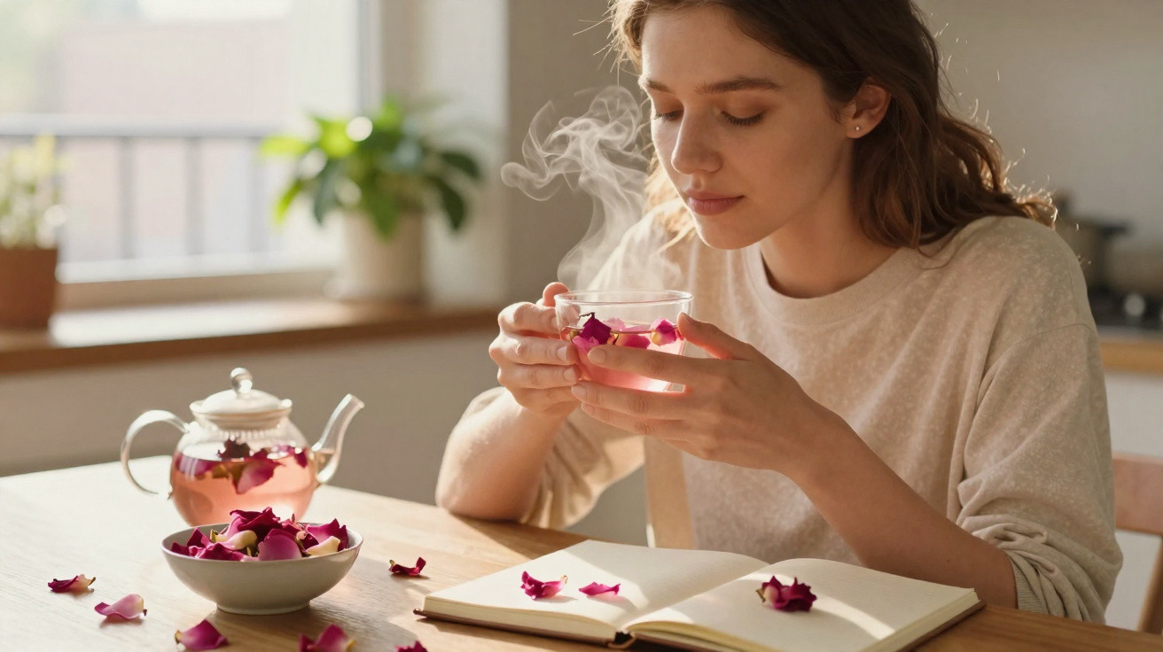 Mulher a desfrutar de chá de ervas com pétalas de rosa, sentada à mesa com livro aberto numa cozinha luminosa.