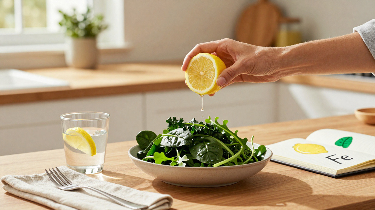 Pessoa a espremer limão sobre salada verde, vidro de água com limão e livro aberto numa mesa de cozinha iluminada.