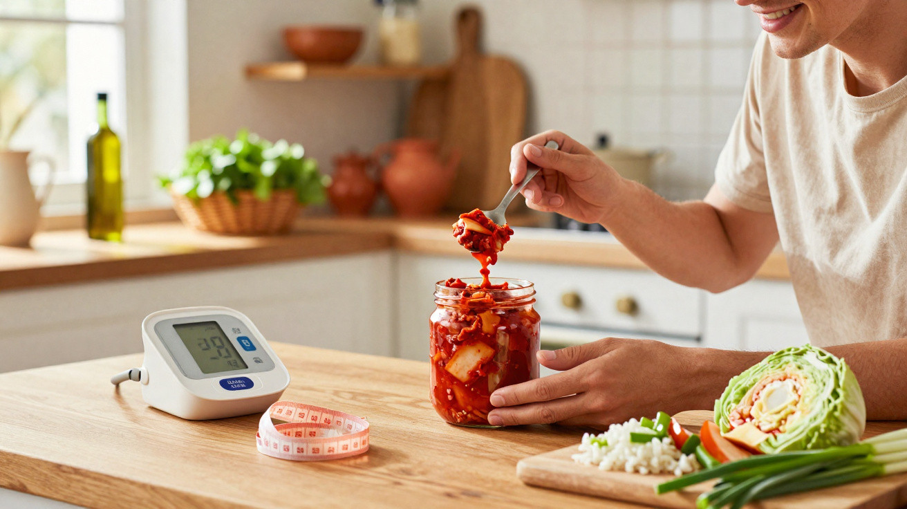 Pessoa a colocar kimchi num prato de arroz, com medidor de pressão arterial e legumes numa cozinha.
