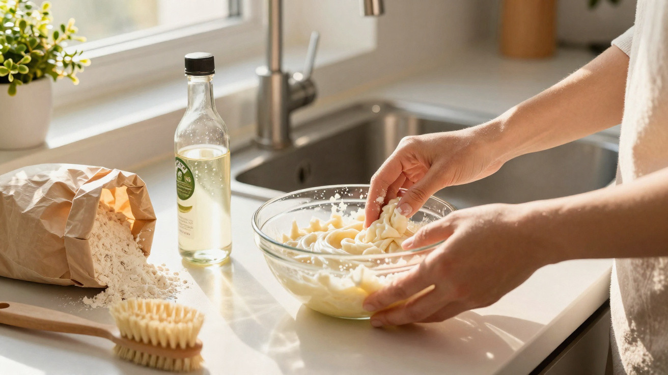 Mãos mexendo uma mistura cremosa num recipiente de vidro numa bancada de cozinha ao lado de ingredientes naturais.