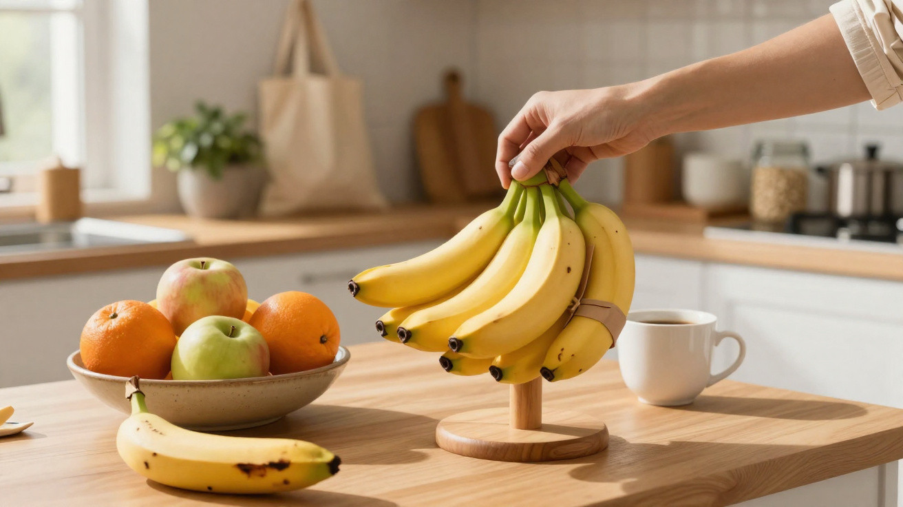 Mão a segurar cacho de bananas numa fruteira de madeira numa cozinha com frutas e café ao fundo.