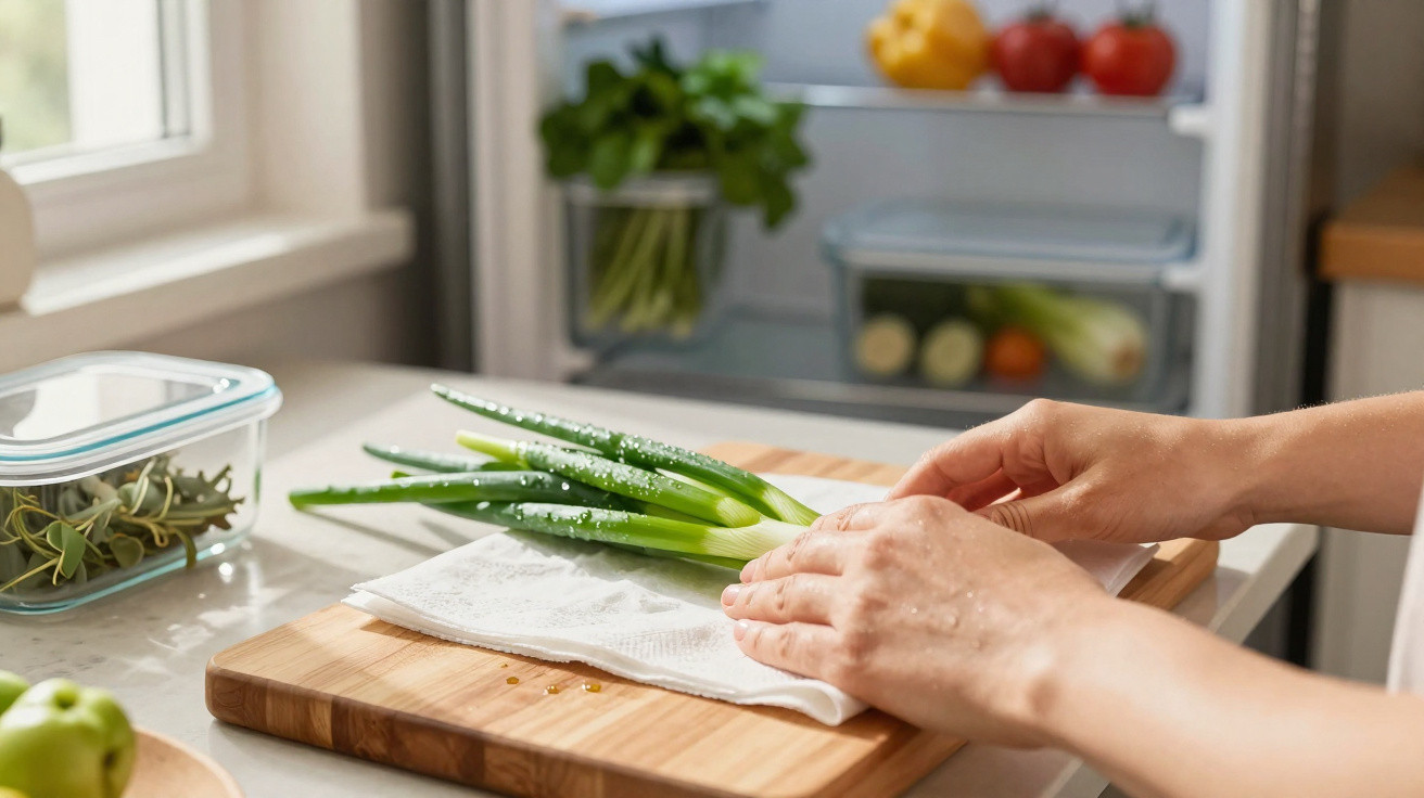 Mãos a preparar cebolinho fresco numa tábua de madeira com frigorífico aberto ao fundo.