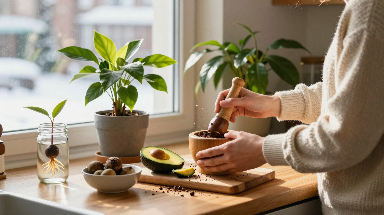 Pessoa a esmagar abacate com pilão numa cozinha iluminada com plantas na janela.