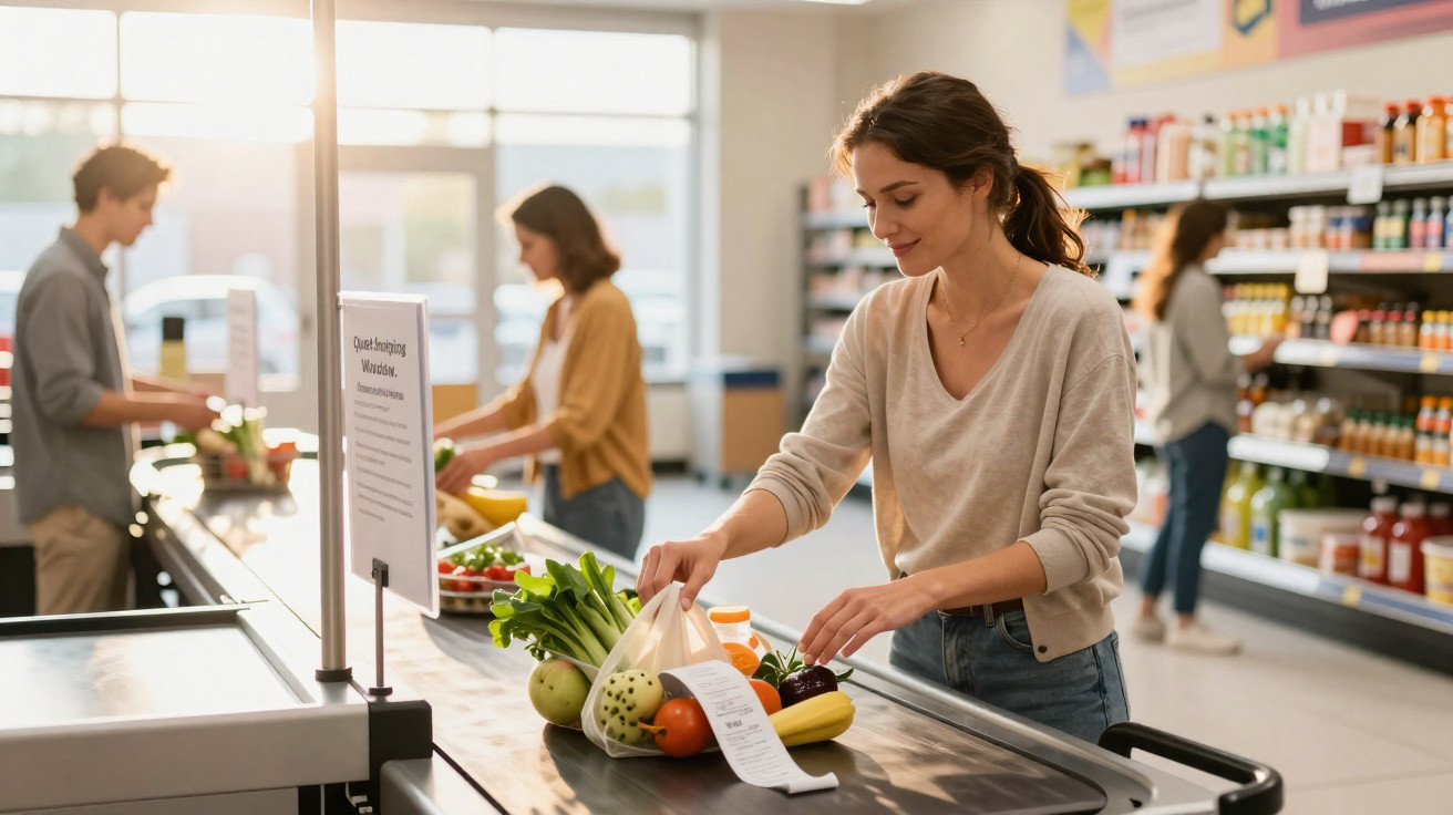 Mulher a pagar compras com legumes no caixa de um supermercado luminoso.