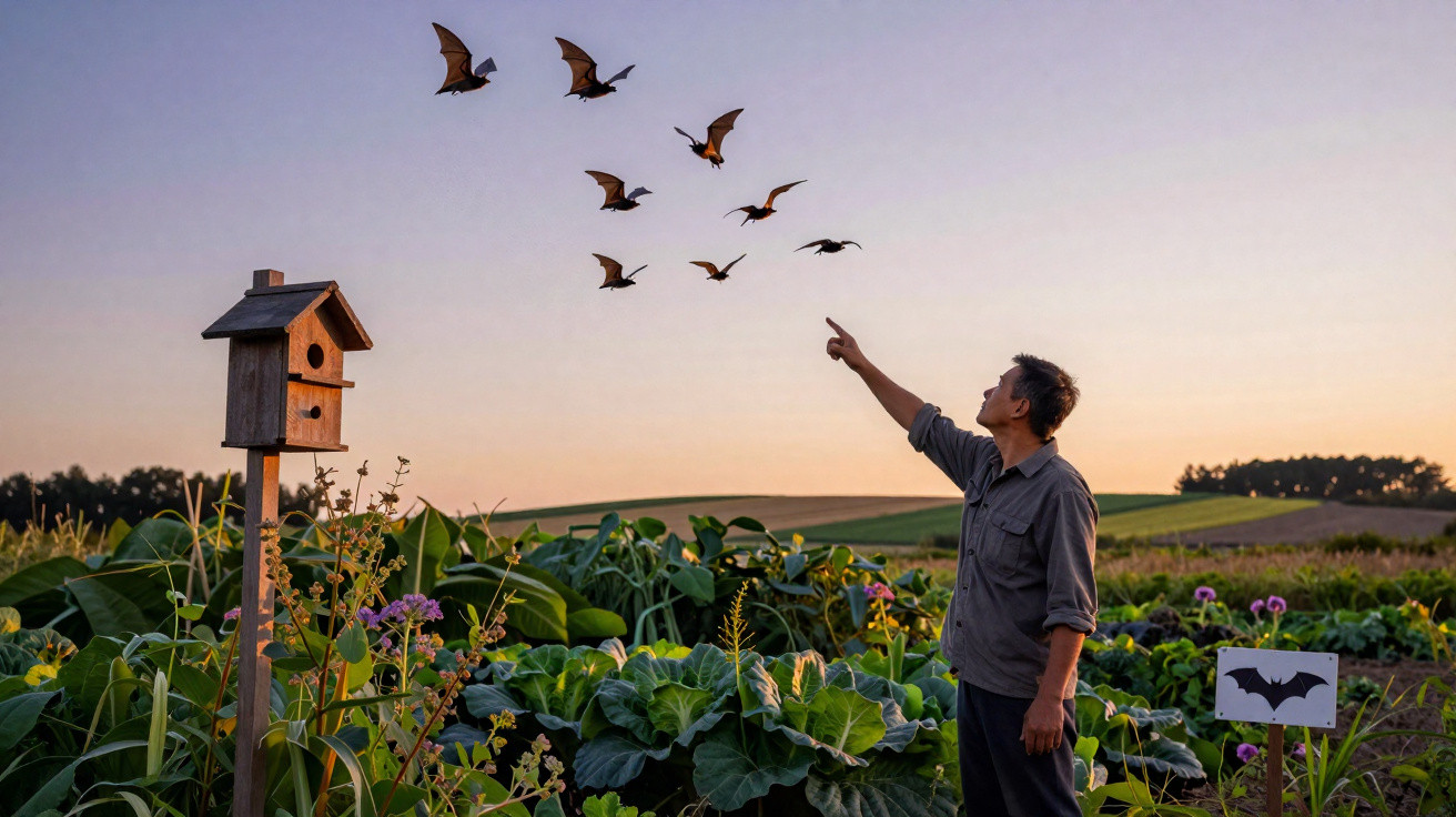 Homem aponta para várias morcegos voando sobre campo com plantas ao pôr do sol.
