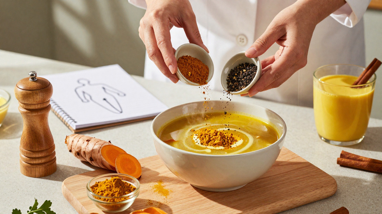 Pessoa polvilhando cúrcuma em sopa num ambiente de cozinha com especiarias e bebida amarela.