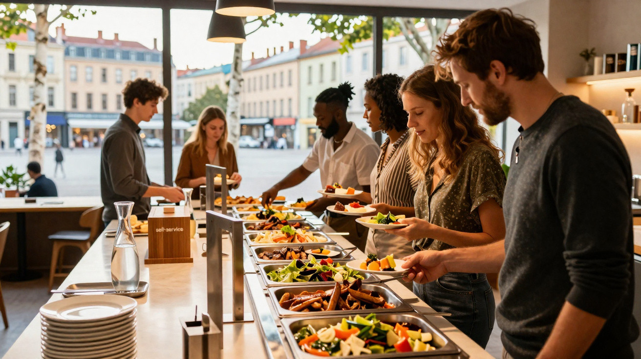 Pessoas a servir-se num buffet variado com saladas, frutas e pratos quentes num restaurante iluminado.