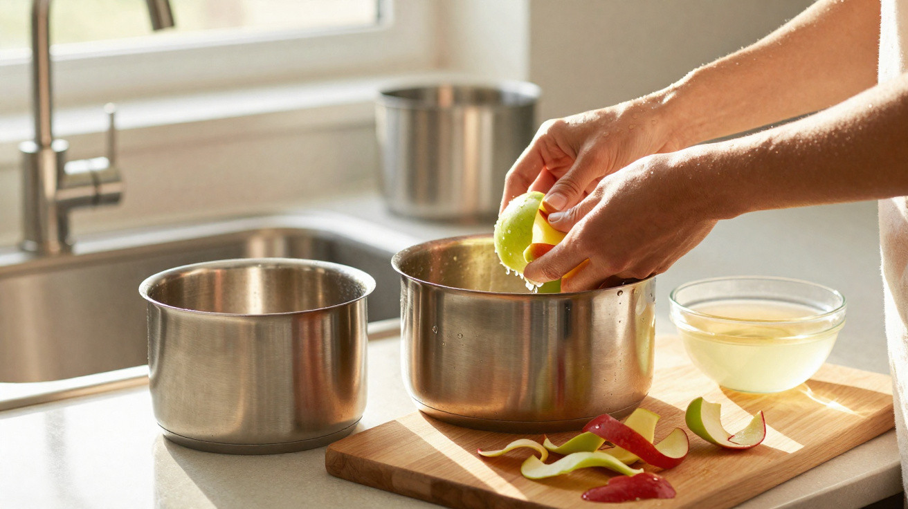 Pessoa a descascar uma maçã verde numa cozinha com tachos e maçãs cortadas numa tábua de madeira.