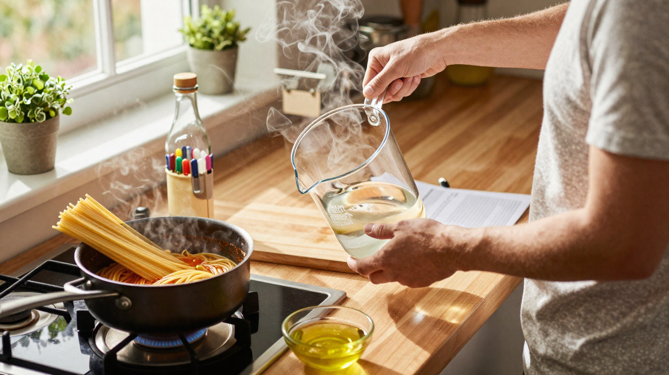 Pessoa a cozinhar esparguete numa cozinha luminosa, adicionando água à frigideira com massa.