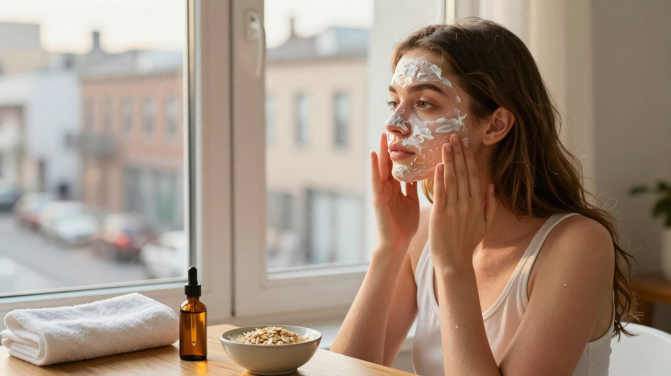 Mulher aplica máscara facial caseira enquanto está sentada à mesa junto à janela natural.