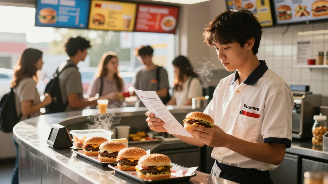Funcionário de restaurante fast food a verificar encomendas junto a hambúrgueres numa bancada.