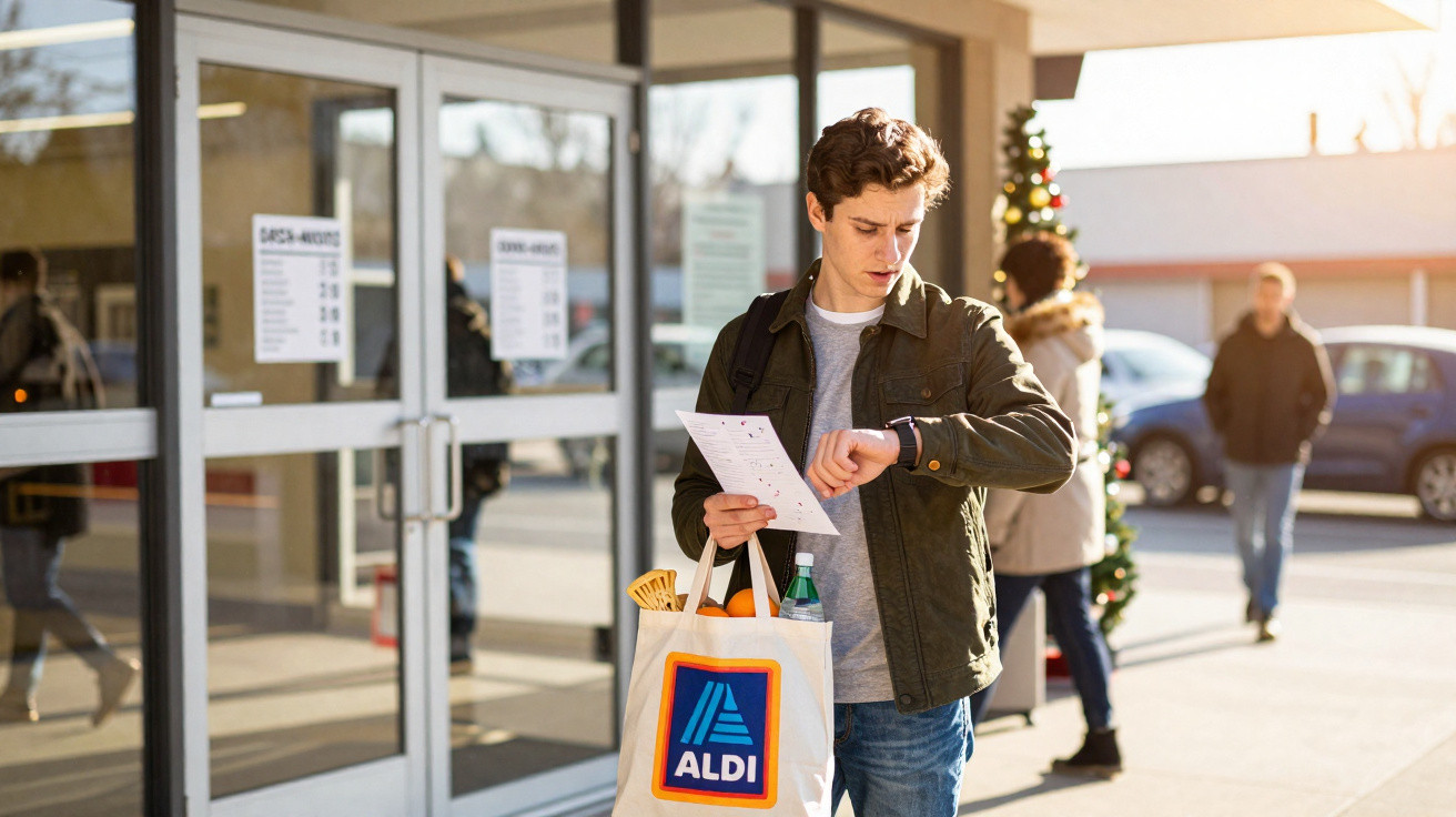 Jovem com sacola do Aldi e lista na mão olha para o relógio à entrada de supermercado.