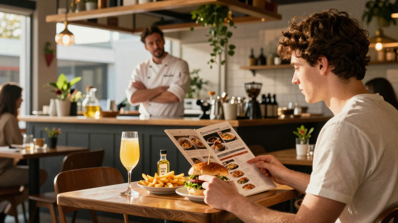 Homem consulta menu sentado à mesa com hambúrguer e sumo, chef observa ao fundo através de janela interior.