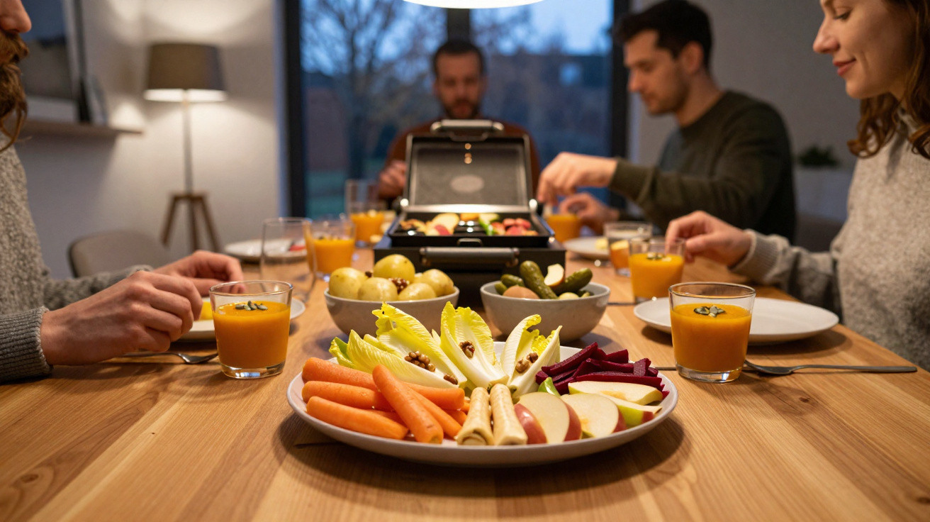 Mesa de jantar com pessoas, petiscos variados e sumos laranja, num ambiente acolhedor.