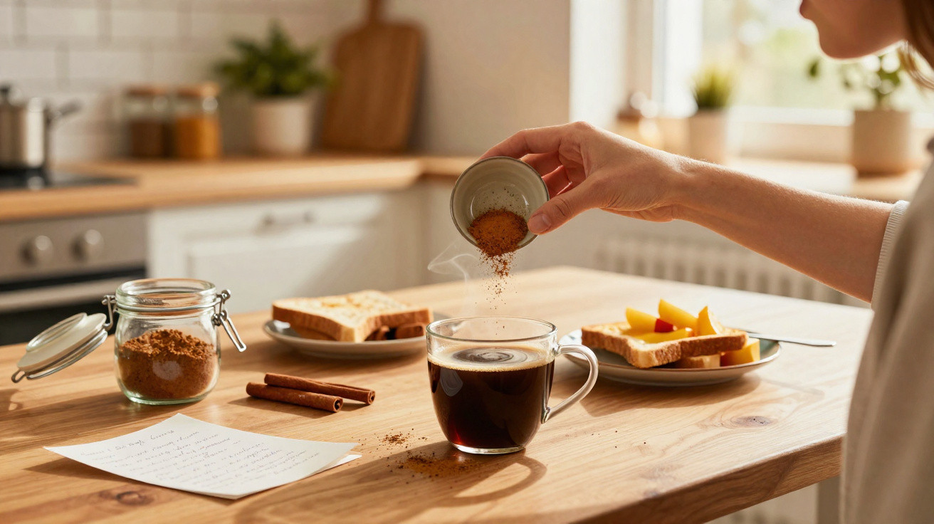Mão a adicionar especiarias em chávena de café fumegante numa cozinha iluminada, com torradas e paus de canela na mesa.