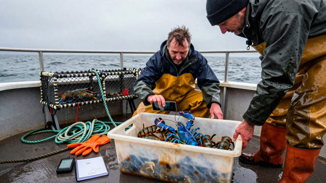 Dois pescadores a observar lagostas azuis numa caixa plástica num barco no mar agitado.