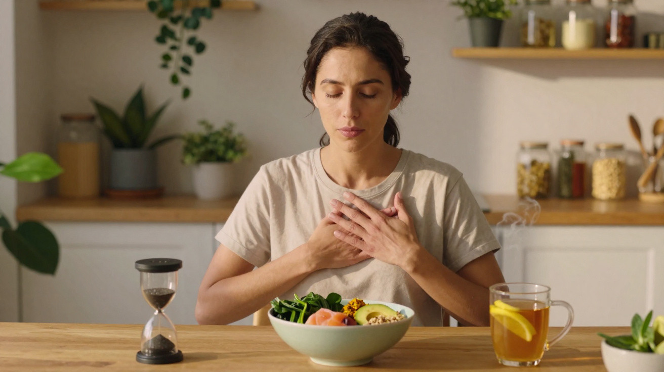 Mulher sentada à mesa com mãos no peito, à frente uma tigela de salada e chá com limão na cozinha.