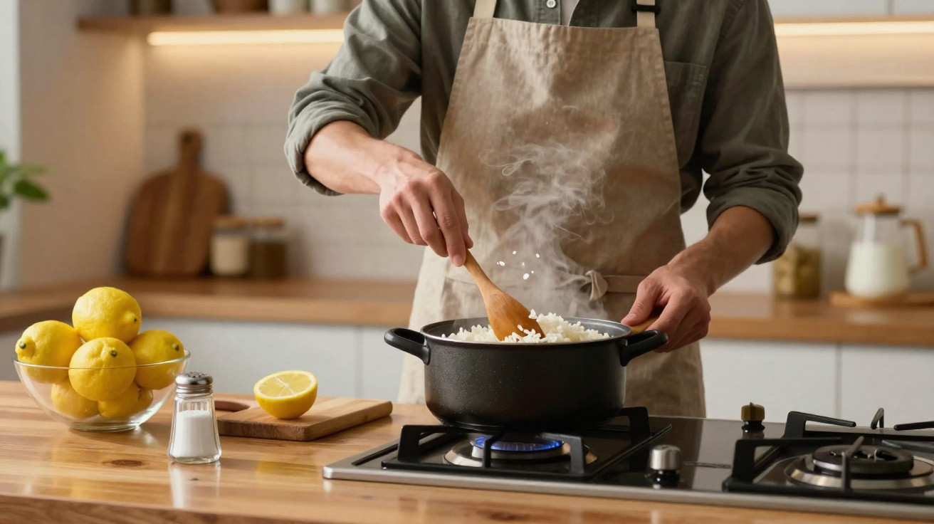 Pessoa a cozinhar arroz num tacho sobre fogão a gás numa cozinha moderna e bem iluminada.