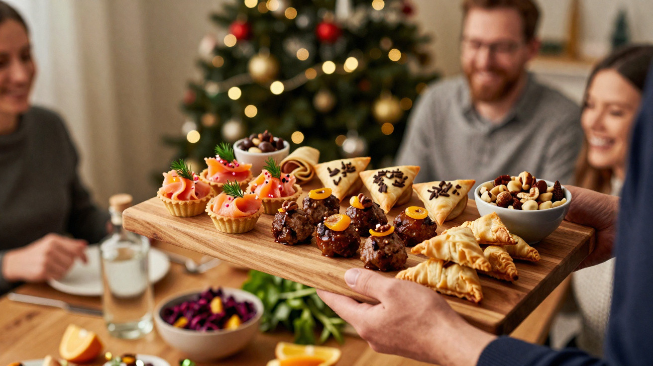 Tabua de madeira com petiscos variados servida numa reunião festiva com árvore de Natal ao fundo.