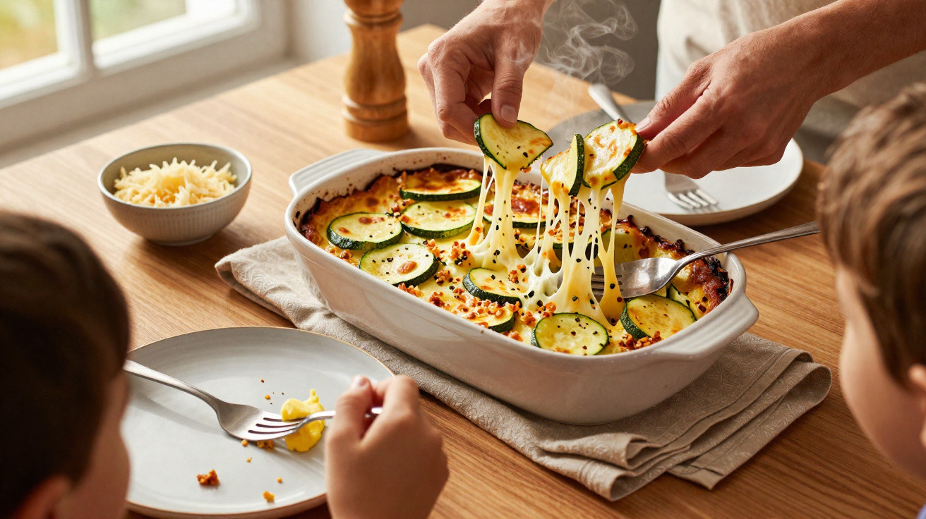 Mãos a puxar queijo derretido de prato de forno com courgette e miúdo a observar na mesa.