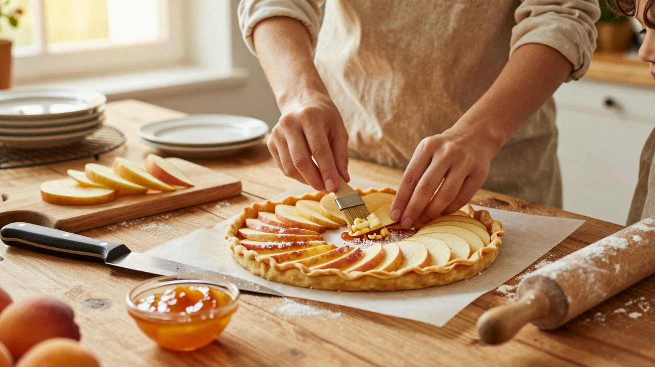 Pessoa a preparar uma tarte de maçã, pincelando a fruta numa cozinha iluminada.