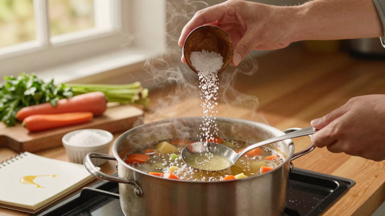 Mãos a temperar com sal um caldo com legumes a ferver numa panela na cozinha.