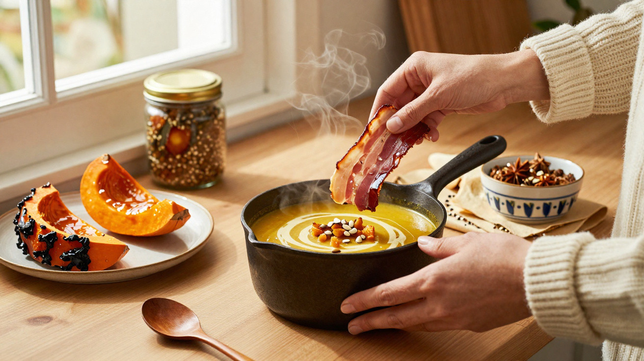 Pessoa a decorar sopa de abóbora quente com sementes e pedaços de abóbora numa panela preta, mesa de madeira com pão e petisc