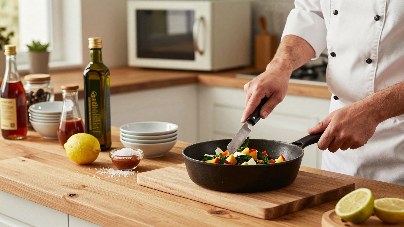 Chef a preparar legumes num tacho, com ingredientes como lima, azeite e sal numa bancada de madeira.