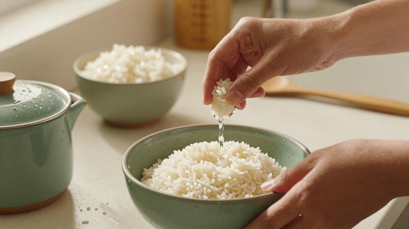 Mãos a colocar arroz cozido numa tigela verde numa bancada de cozinha com panela ao lado.