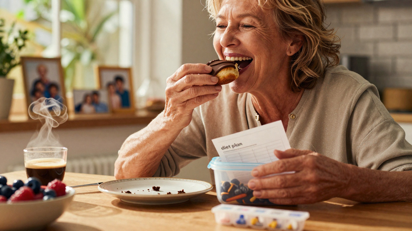Mulher mais velha a comer um doce de chocolate enquanto lê um plano alimentar numa cozinha iluminada.