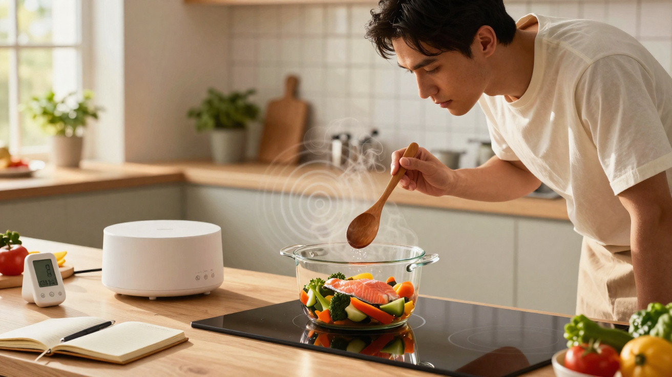 Homem a cozinhar peixe com legumes numa panela de vidro numa cozinha moderna e iluminada.