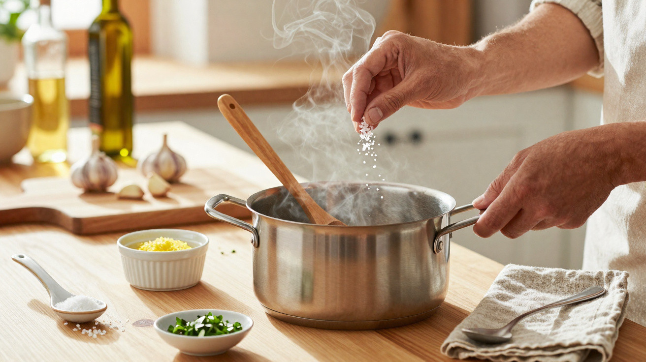 Pessoa a temperar sopa fumegante numa panela de inox com uma colher de pau numa cozinha moderna.