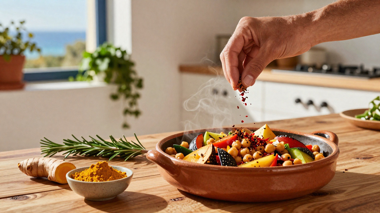 Mão a temperar salada de grão-de-bico, legumes e ervas numa taça cerâmica numa cozinha luminosa.