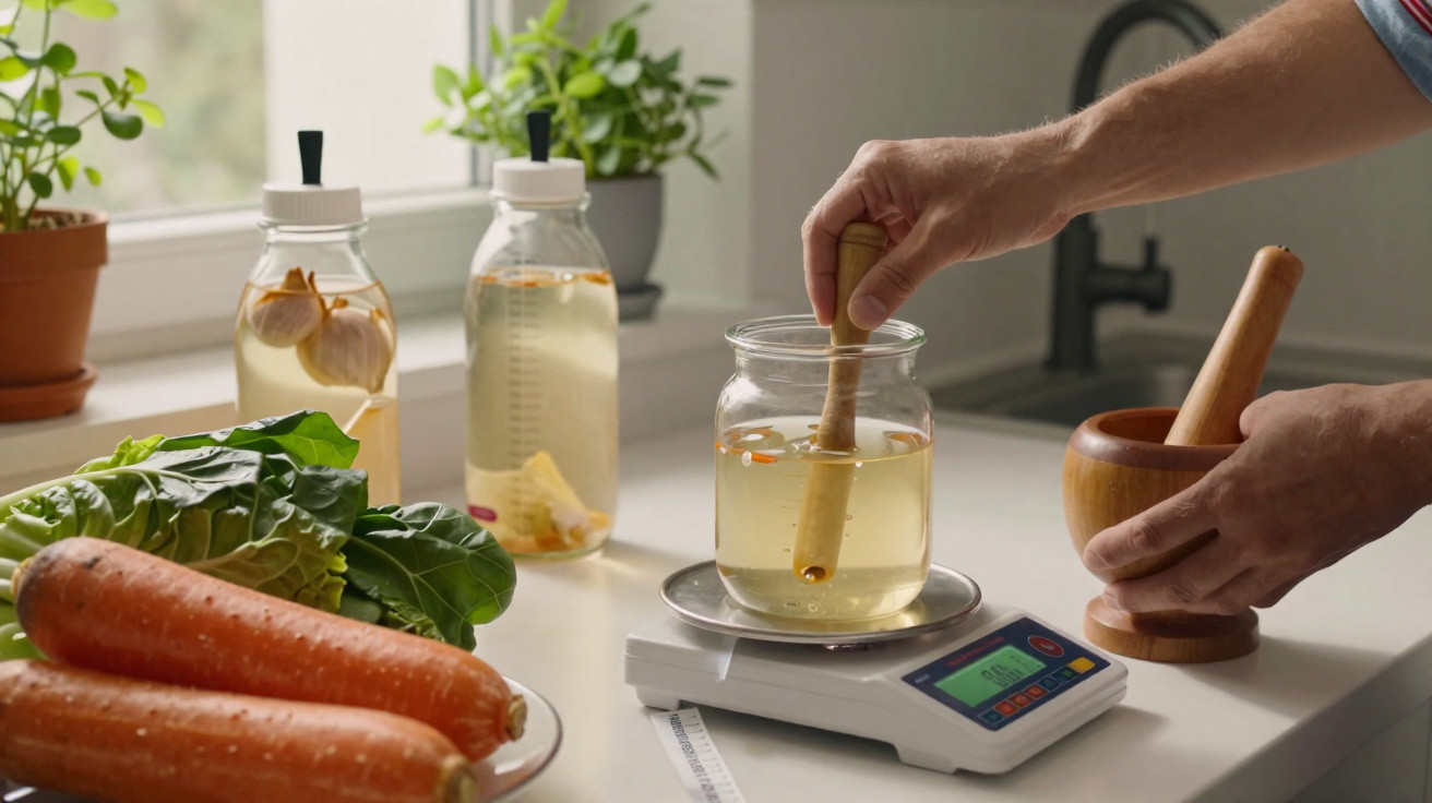 Pessoa a usar almofariz e pistilo para preparar infusão numa cozinha com legumes e plantas ao fundo.