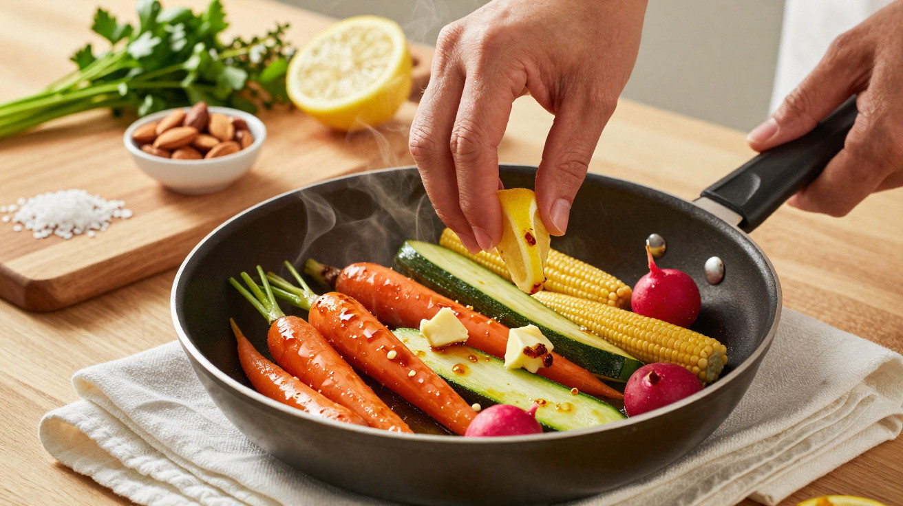 Legumes frescos a cozinhar numa frigideira com limão, manteiga e temperos numa bancada de madeira.