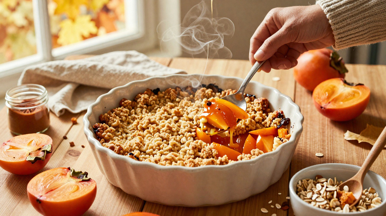 Prato quente com quinoa e caquis cortados, mel a ser derramado, sobre mesa de madeira com frutas e aveia.