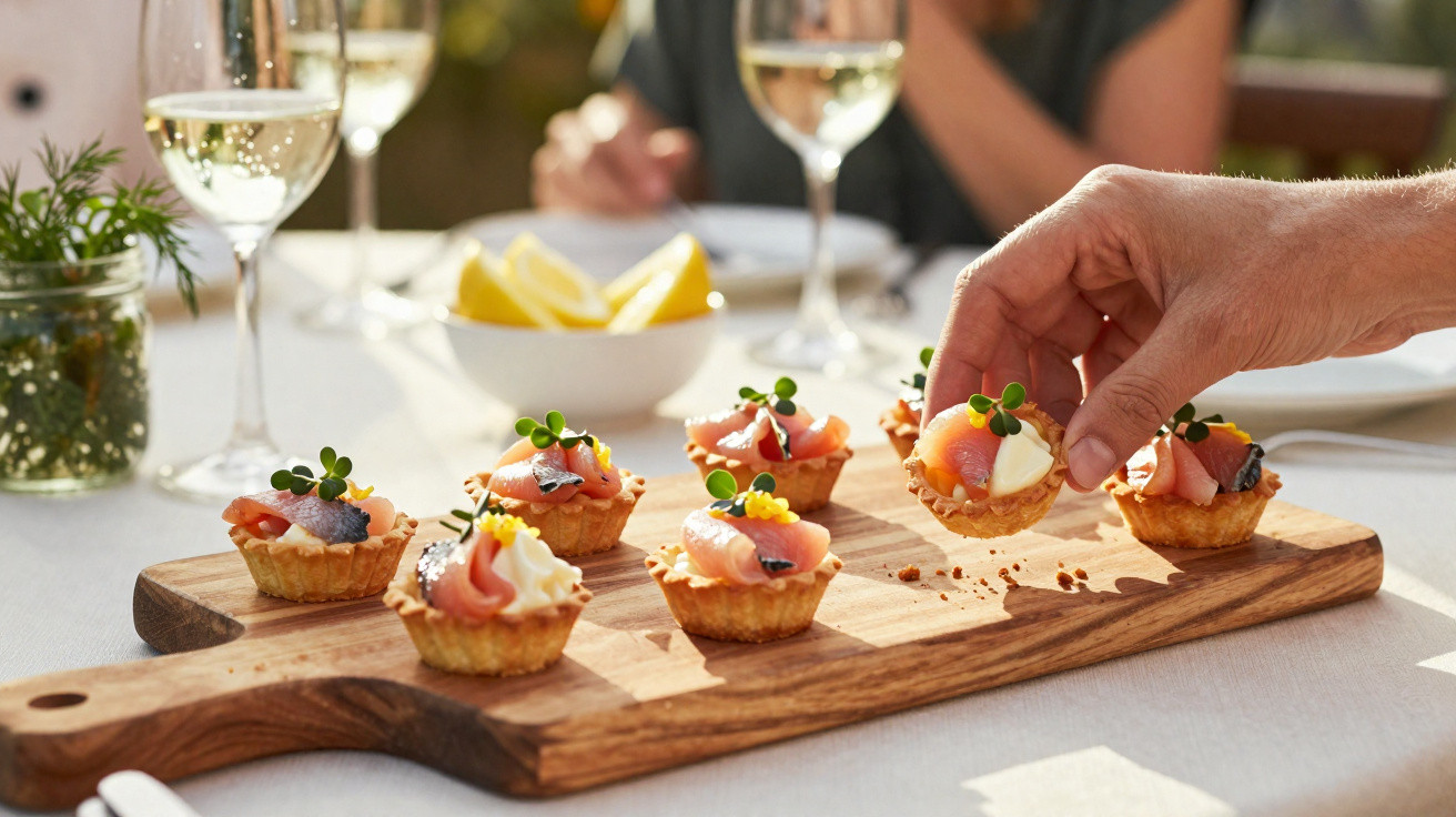 Tábua de madeira com mini tarteletes de salmão fumado, creme e ervas, mãos a pegar um aperitivo numa mesa com copos de vinho.
