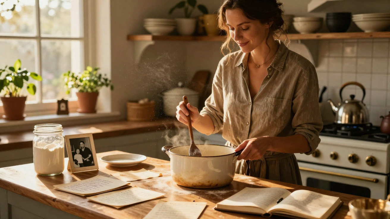 Mulher cozinhar numa cozinha acolhedora, mexendo um tacho com colher de pau, luz natural da janela.