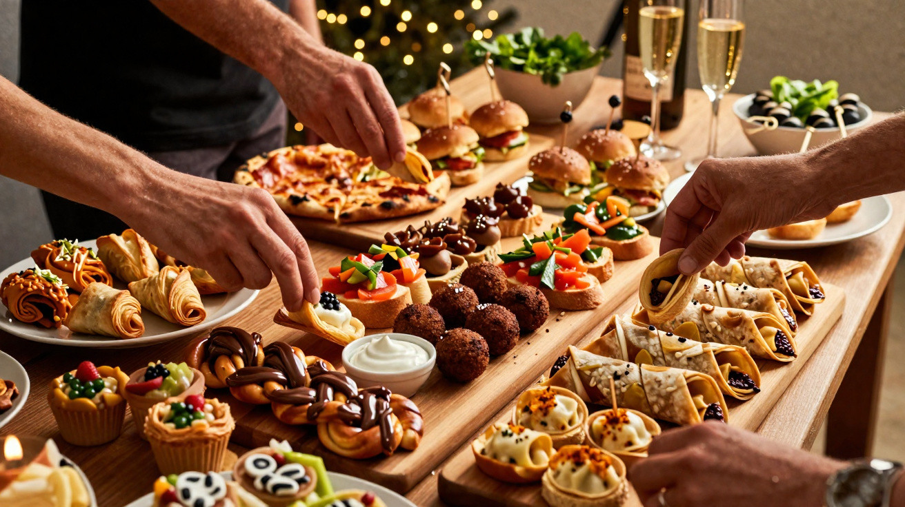 Mesa com várias tacinhas de champanhe, mini hambúrgueres e diferentes aperitivos e sobremesas decoradas.