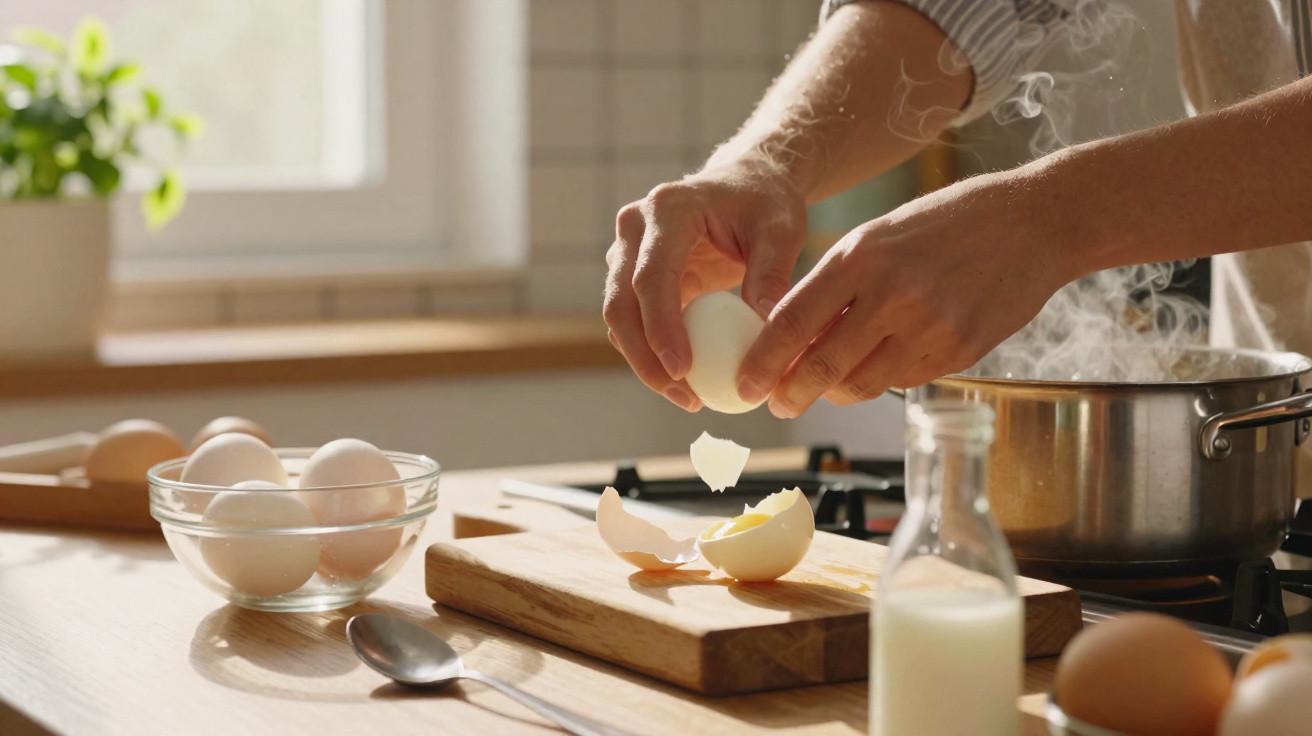 Pessoa a partir um ovo sobre uma tábua de madeira numa cozinha com panela a ferver ao fundo.