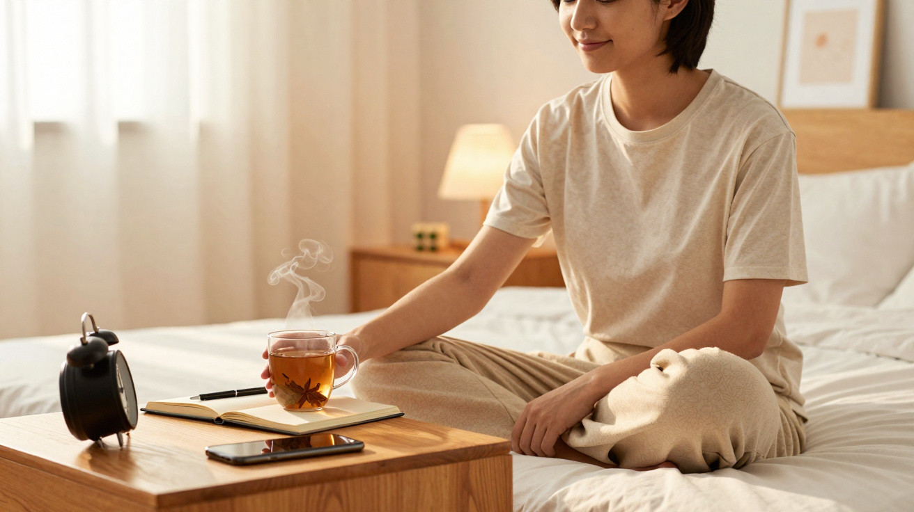 Pessoa sentada na cama a beber chá quente com livro, relógio despertador e telemóvel numa mesa de madeira.