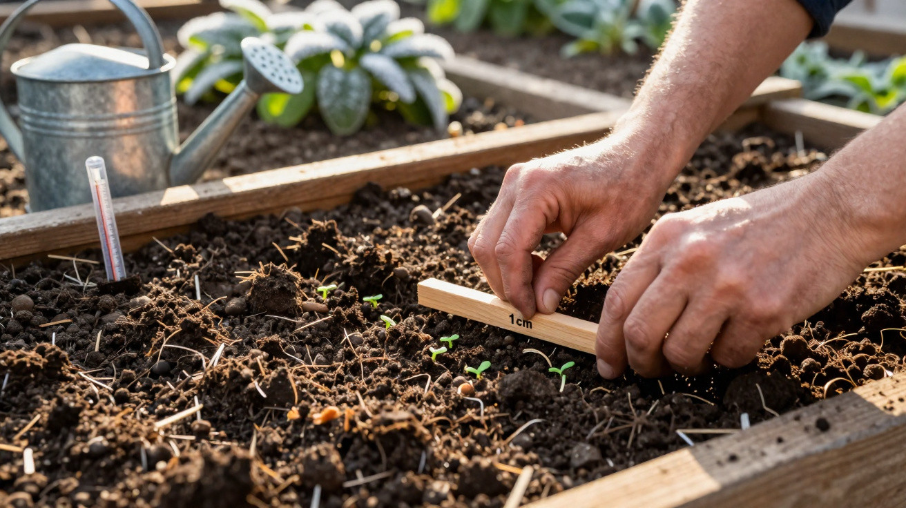 Mãos a medir a distância entre pequenas plantas numa cama de cultivo de madeira com regador ao fundo.