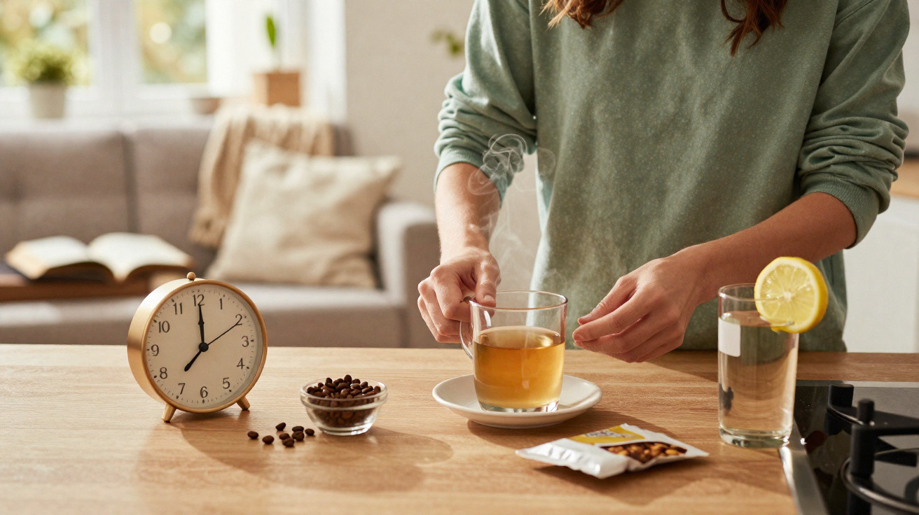 Pessoa a preparar chá numa mesa com despertador, café, livro e copo de água com limão.