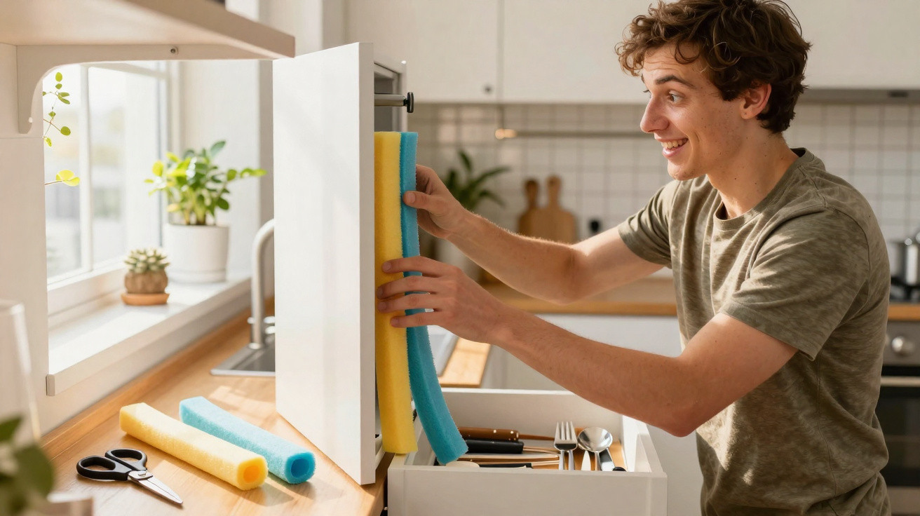 Jovem a guardar rolos de papel colorido num armário de cozinha branco, sorrindo.