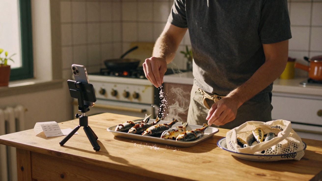 Pessoa a temperar peixes grelhados numa bancada de cozinha, com telemóvel em tripé a filmar.