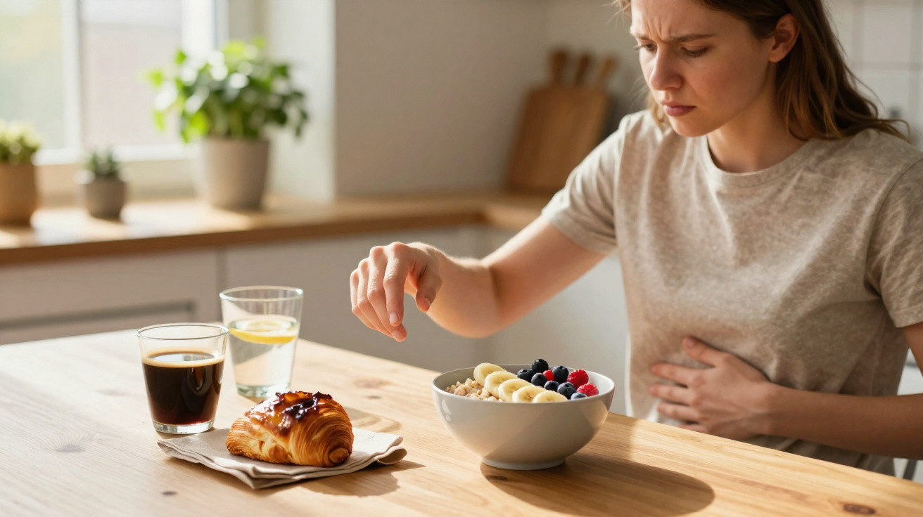 Mulher na cozinha com dor abdominal, tocando o estômago, diante de um pequeno-almoço com croissant, fruta e bebidas.