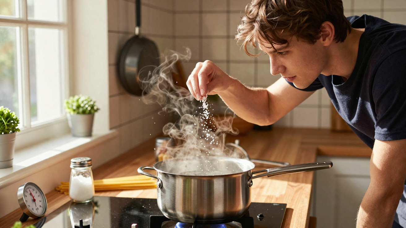 Jovem a cozinhar numa cozinha moderna, temperando água a ferver numa panela no fogão.