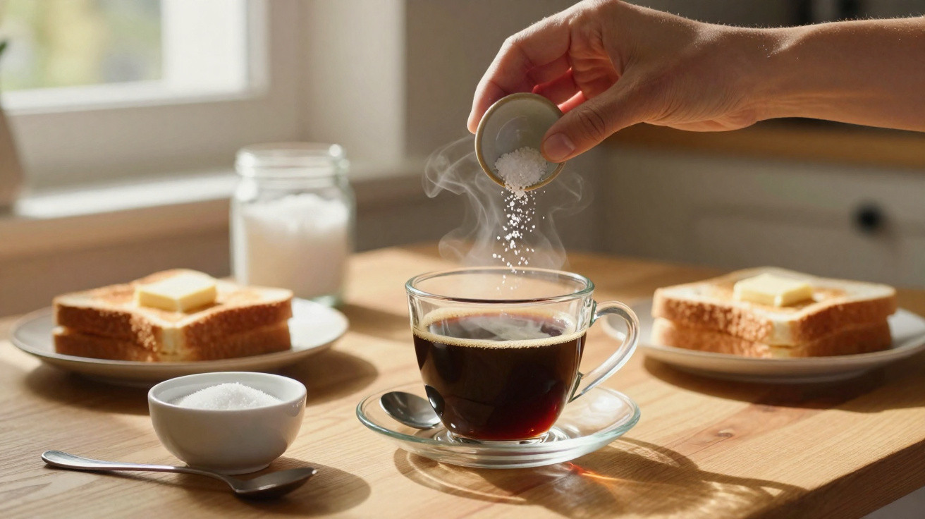 Mão a deitar açúcar numa chávena de café numa mesa com torradas, manteiga e jarro de açúcar.